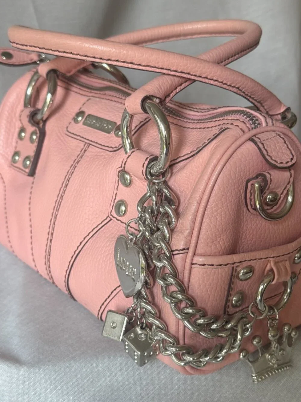 Isabella Fiore Pink Leather Satchel Y2K Chunky Chain Charm Bag 2000s Coquette